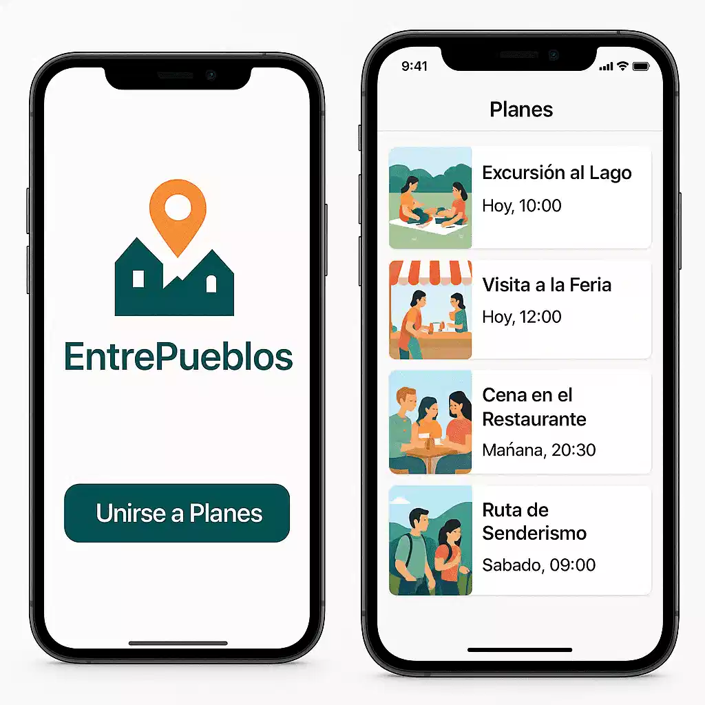 Ejemplo para visualizar el contenido de la app de EntrePueblos, donde se encuentra la pantalla de dos móviles. Uno muestra el logo del proyecto y una llamada a la acción donde pone "Unirse a Planes". En la otra, salen una lista de planes ofrecidos.