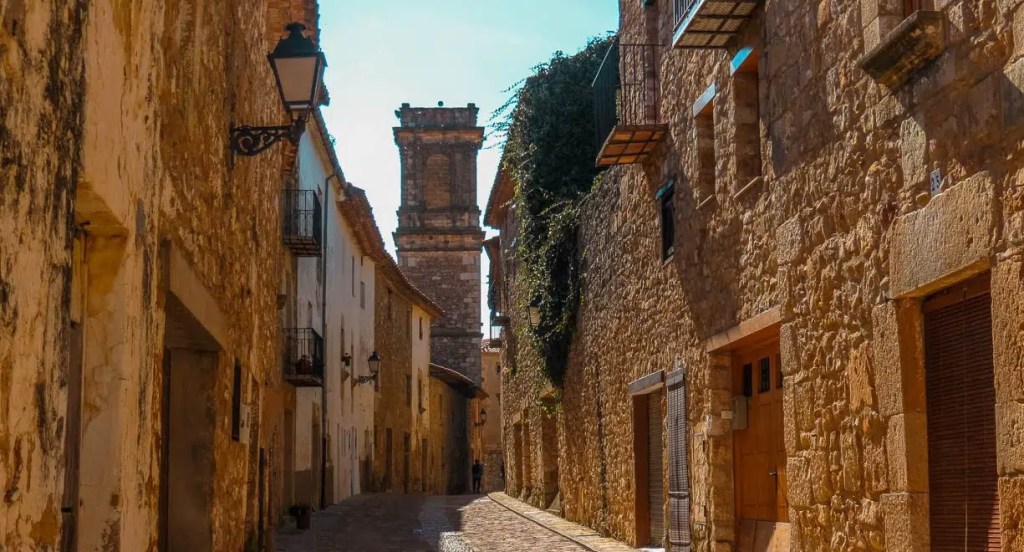 Calle donde se encuentran un conjunto de casas antiguas y una torre de fondo.